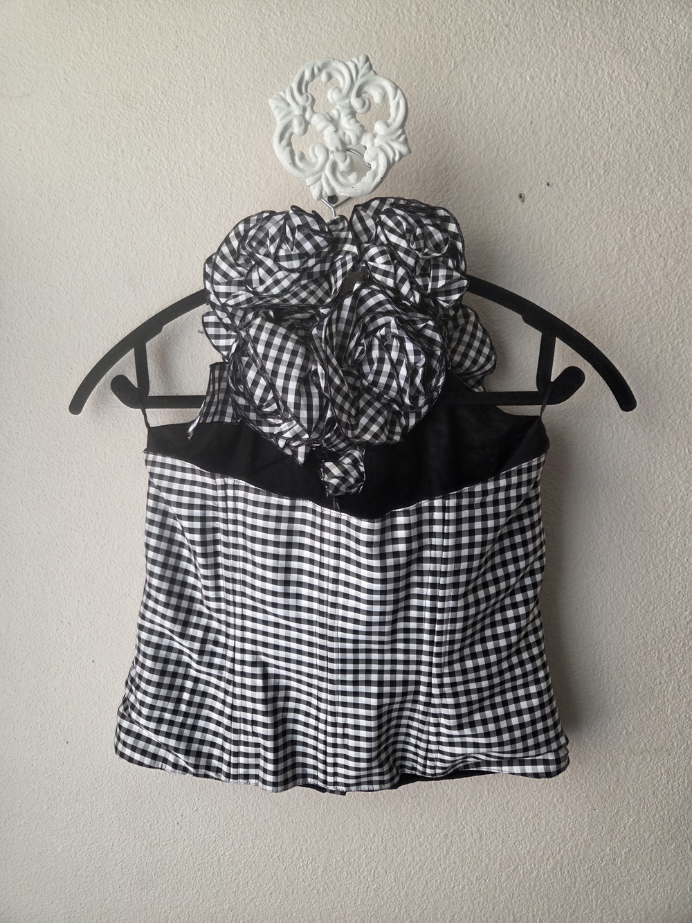 Anne Fontaine Black & White Gingham Floral Halter Crop Top - Picture 3 of 8
